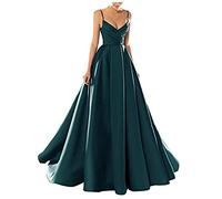 yhfshop Women's Elegant Ball Evening Gowns,Sexy V-Neck Spaghetti Strap Satin Evening Dress,Dark Green,US16,Long Evening Dress