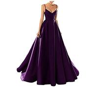 yhfshop Women's Elegant Ball Evening Gowns,Sexy V-Neck Spaghetti Strap Satin Evening Dress,Grape Purple,US18w,Long Evening Dress