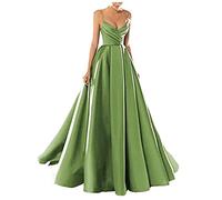 yhfshop Women's Elegant Ball Evening Gowns,Sexy V-Neck Spaghetti Strap Satin Evening Dress,Grass Green A,US18w,Long Evening Dress