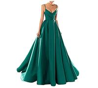 yhfshop Women's Elegant Ball Evening Gowns,Sexy V-Neck Spaghetti Strap Satin Evening Dress,Malachite Green,US10,Long Evening Dress