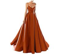 yhfshop Women's Party Long Dresses Gown,Sexy V-Neck Spaghetti Strap Satin Evening Dress,caramel colour,US4,Elegant Floor Bridesmaid Dresses