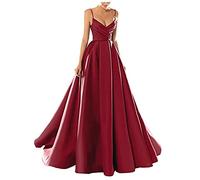 yhfshop Women's Party Long Dresses Gown,Sexy V-Neck Spaghetti Strap Satin Evening Dress,Crimson G,US10,Elegant Floor Bridesmaid Dresses