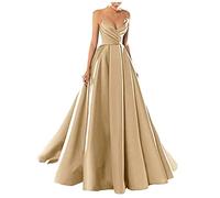 yhfshop Women's Party Long Dresses Gown,Sexy V-Neck Spaghetti Strap Satin Evening Dress,Light Champagne,US18w,Elegant Floor Bridesmaid Dresses