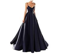 yhfshop Women's Party Long Dresses Gown,Sexy V-Neck Spaghetti Strap Satin Evening Dress,Navy,US4,Elegant Floor Bridesmaid Dresses