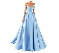 yhfshop Women's Party Long Dresses Gown,Sexy V-Neck Spaghetti Strap Satin Evening Dress,Sky Blue E,US4,Elegant Floor Bridesmaid Dresses