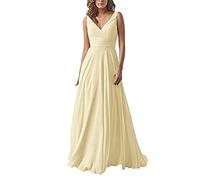yhfshop Women's Plus Size Bridesmaid Dresses,Double shoulder V-neck chiffon dress, A-line party dress-Light yellow B_48,Women Ball Gown