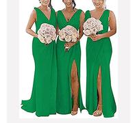 yhfshop Women's Plus Size Bridesmaid Dresses,Double shoulder V-neck chiffon slit evening gown-green_44,Women Ball Gown