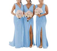 yhfshop Women's Plus Size Bridesmaid Dresses,Double shoulder V-neck chiffon slit evening gown-sky blue_44,Women Ball Gown