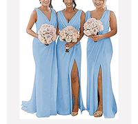 yhfshop Women's Plus Size Bridesmaid Dresses,Double shoulder V-neck chiffon slit evening gown-sky blue_44,Women Ball Gown