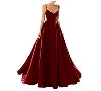 yhfshop Women's Plus Size Bridesmaid Dresses,Sexy V-Neck Spaghetti Strap Satin Evening Dress,Red Wine,US14w,Women Ball Gown