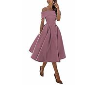 yhfshop Women's Sexy Short Dresses Party Ball Gown,A-line Satin one-Shoulder Three-Quarter Skirt,Nude Pink B,US10,Knee Length Cocktail Dress