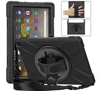 YHFZR Case for All-New Fire HD 10 & Fire HD 10 Plus Tablet (10.1", 11th Generation 2021 Release), 360 Rotating Heavy Duty Three Layer Armor Shockproof Rugged Protective Cover with Kickstand, Black