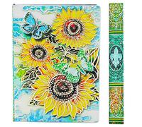 YHH Notebook A5 Lined Hardback, Handmade, Hardcover Travel Diary Embossed Leather Journal, 200 Ruled Pages Brown and Ivory, Anniversary Xmas Gifts Ideas for Women Mum Wife Kids, 3Dsunflower Colorful