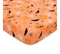 YHITBG Halloween Crib Sheets, Fitted Crib Sheet with Bats, Ghosts, Pumpkin, Spider, and Mushrooms, Measuring 52'' x 28'' to fit Standard Crib & Toddler Mattresses, Orange