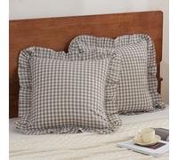 YHJWW Green Gingham Ruffle Euro Pillow Cases 100% Washed Cotton Like Linen Feel Soft Comfy Plaid Decorative Throw Pillow Cover Shams Set of 2 for Bed Couch Sofa (26x26 Inches, Envelope Closure)