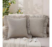 YHJWW Green Gingham Throw Pillow Covers 100% Washed Cotton Like Linen Feel Soft Comfy Ruffle Farmhouse Decorative Pillow Cases Sham Set of 2 for Couch Sofa Bed (18x18 Inches, Zipper Closure)