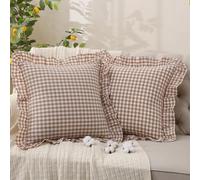 YHJWW Tan Gingham Throw Pillow Covers 100% Washed Cotton Like Linen Feel Soft Comfy Ruffle Farmhouse Fall Decorative Pillow Cases Sham Set of 2 for Couch Sofa Bed (18x18 Inches, Zipper Closure)