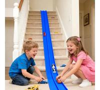 YHJZ Flex Race Track 16Ft Flexible Race Car Ramp Track with 4 Racecars and 8 Strong Suction Cups Compatible with Diecast 1/64th Cars, Rolls Up Portable Racetrack for Ages 3 & Up (Blue