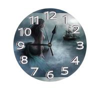 YHLKLWKSZC Mermaid Girl and Sailing On Sea Pirate Ship Clock Number Round Wall Clocks Battery Operated 10 Inch Silent Non-Ticking Design Clock for Bathroom Bedroom Living Room Kitchen, Office