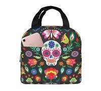 YHLKLWKSZC Sugar Horror Skull And Flowers Lunch Bag,Reusable Insulated Lunch Tote For Women Men,Leakproof Cute Lunch Cooler With High Capacity For Work,Picnic,Camping