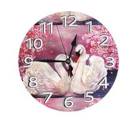 YHLKLWKSZC White Swans with Pink Floral Tree Clock Number Round Wall Clocks Battery Operated 10 Inch Silent Non-Ticking Design Clock for Bathroom Bedroom Living Room Kitchen, Office
