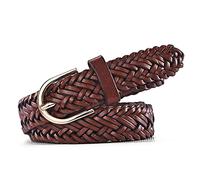 YHMX Women's Oval Braided Woven Leather Belt, Braided Woven Belt for Women Casual Jeans with Solid Prong Buckle,Brown,105cm