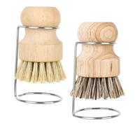 YHNDECO 2 Pack Bamboo Palm Brush with 2 Drain Racks, Wooden Dish Brush, Scrubbing Brush for Dish Pots, Pans, Kitchen Sink, Cleaning for Washing Dishes, Pots, Pans and Sink