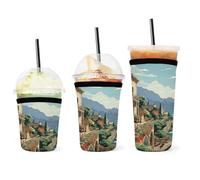 YHNNH 3 Pack Coffee Cup Sleeve,Mediterranean Summerprinted Reusable Neoprene Durable Washable Iced Coffee Sleeve for Iced and Hot Drinks