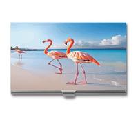YHNNH Business Card Holders, Aluminum Alloy Slim Portable Pocket Business Card Case,Pink Flamingo on Beachprinted Metal Credit Card Holder for Women Men