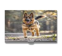 YHNNH Business Card Holders, Aluminum Alloy Slim Portable Pocket Business Card Case,Running German Shepherd Dogprinted Metal Credit Card Holder for Women Men