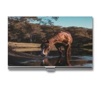 YHNNH Business Card Holders, Aluminum Alloy Slim Portable Pocket Business Card Case,The Horse Is Drinking Waterprinted Metal Credit Card Holder for Women Men