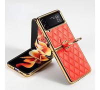 YHNNH Case for Samsung Galaxy Z Flip4 Flip3 Plain Leather Folding Phone Case with Ring Stand All-Inclusive Z Flip3 4 Protective Cover,Black2,For Galaxy Zflip3, Burning Orange, for Gala*y ZFlip3