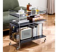 YHNNH End Table with Storage Narrow Side Table & Small Bedside Nightstand with 3-Tier Open Shelves Clear Acrylic Coffee Table on 360° Swivel Wheels Multi-Purpose(Black,68 cm)