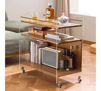 YHNNH End Table with Storage Narrow Side Table & Small Bedside Nightstand with 3-Tier Open Shelves Clear Acrylic Coffee Table on 360° Swivel Wheels Multi-Purpose(Brown,68 cm)