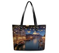 YHNNH Ladies Leather Handbags Tote Bag,Beautiful Venice at Nightprinted Lightweight Leather Shoulder Bags for Women with Zipper for Work Travel Shopping