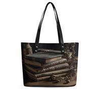 YHNNH Ladies Leather Handbags Tote Bag,Stack of Old Booksprinted Lightweight Leather Shoulder Bags for Women with Zipper for Work Travel Shopping