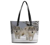 YHNNH Ladies Leather Handbags Tote Bag,Two Wolves Walking in The Snowprinted Lightweight Leather Shoulder Bags for Women with Zipper for Work Travel Shopping
