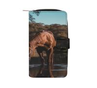 YHNNH Ladies Leather Purses,The Horse is Drinking Waterprinted Large Capacity Long Multiple Card Slots Zipper Compartment Leather Wallet for Women