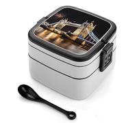 YHNNH Night London Tower Bridge Double Layer Bento Box,Modern Minimalist Design Stackable Lunch Box, Leak-Proof Rectangle Lunchable Food Container for Family
