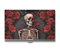 YHNNH Skeleton with Roses Business Card Holder Minimalist Wallet RFID Blocking Credit Cards Holder Slim Name Cards Holders Compact Aluminum Alloy Business Card Case for Adult