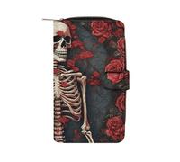 YHNNH Skeleton with Roses Leather Long Wallet Adult Travel Zipper Long Purse Multi-functional Credit Card Holder 12 Card Slot