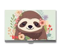 YHNNH Sloth And Flowers Business Card Holder Minimalist Wallet RFID Blocking Credit Cards Holder Slim Name Cards Holders Compact Aluminum Alloy Business Card Case for Adult
