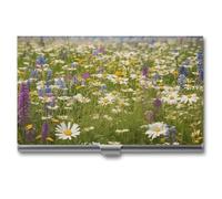 YHNNH Spring Meadow Flowers Business Card Holder Minimalist Wallet RFID Blocking Credit Cards Holder Slim Name Cards Holders Compact Aluminum Alloy Business Card Case for Adult
