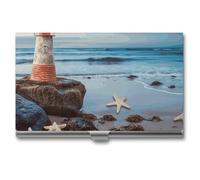 YHNNH Starfish Lighthouse Beach Business Card Holder Minimalist Wallet RFID Blocking Credit Cards Holder Slim Name Cards Holders Compact Aluminum Alloy Business Card Case for Adult