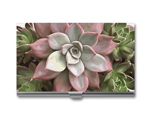 YHNNH Succulent Botanical Business Card Holder Minimalist Wallet RFID Blocking Credit Cards Holder Slim Name Cards Holders Compact Aluminum Alloy Business Card Case for Adult