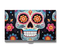 YHNNH Sugar Skulls Business Card Holder Minimalist Wallet RFID Blocking Credit Cards Holder Slim Name Cards Holders Compact Aluminum Alloy Business Card Case for Adult