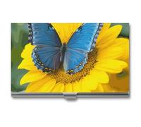 YHNNH Sunflower Blue Butterfly Business Card Holder Minimalist Wallet RFID Blocking Credit Cards Holder Slim Name Cards Holders Compact Aluminum Alloy Business Card Case for Adult