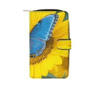 YHNNH Sunflower Blue Butterfly Leather Long Wallet Adult Travel Zipper Long Purse Multi-functional Credit Card Holder 12 Card Slot