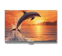 YHNNH Sunset Dolphin Business Card Holder Minimalist Wallet RFID Blocking Credit Cards Holder Slim Name Cards Holders Compact Aluminum Alloy Business Card Case for Adult