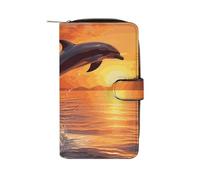 YHNNH Sunset Dolphin Leather Long Wallet Adult Travel Zipper Long Purse Multi-functional Credit Card Holder 12 Card Slot